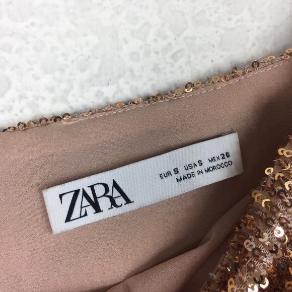Zara Rose Gold Sequin Long Sleeve Ruched Mini Dress Small Cocktail Off Shoulder - Picture 5 of 16
